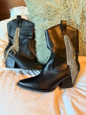 Black Rhinestone Fringe Western Ankle Boots Stamped Ready !